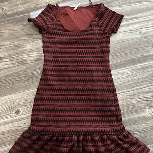 Striped Knit Ruffle-Hem Dress in Burgundy and Black